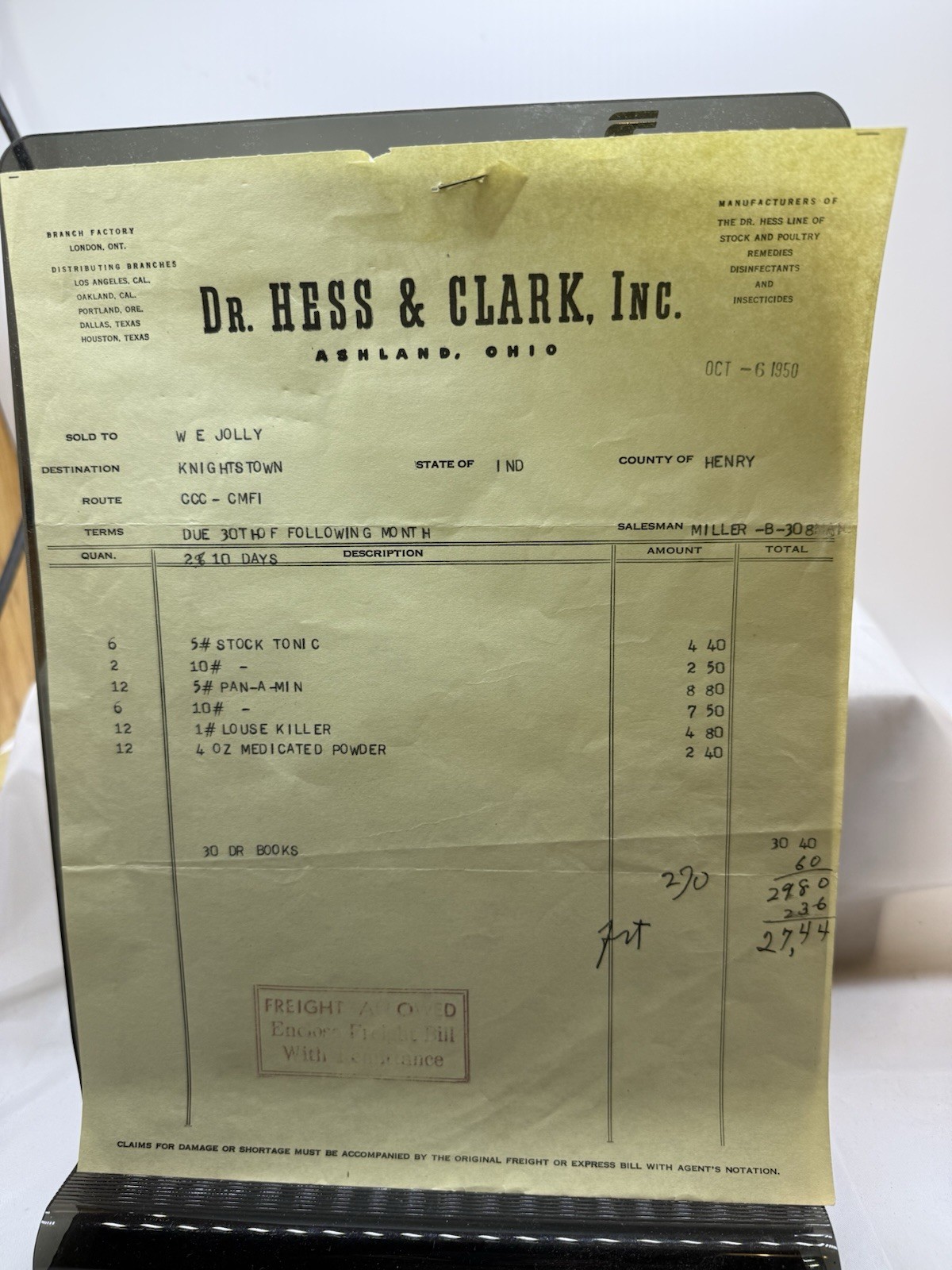 1950 Dr. Hess & Clark, Inc Ashland, OH invoice for Stock & Poultry remedies, etc