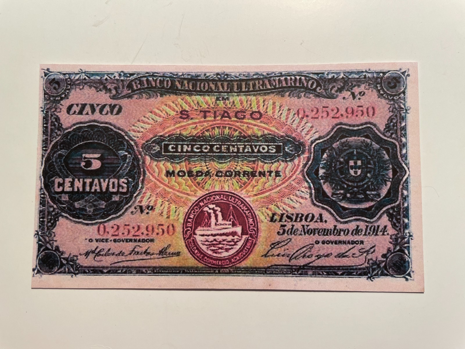 Cape Verde, Cabo Verde 5 Centavos 1914 Banknote Reproduction