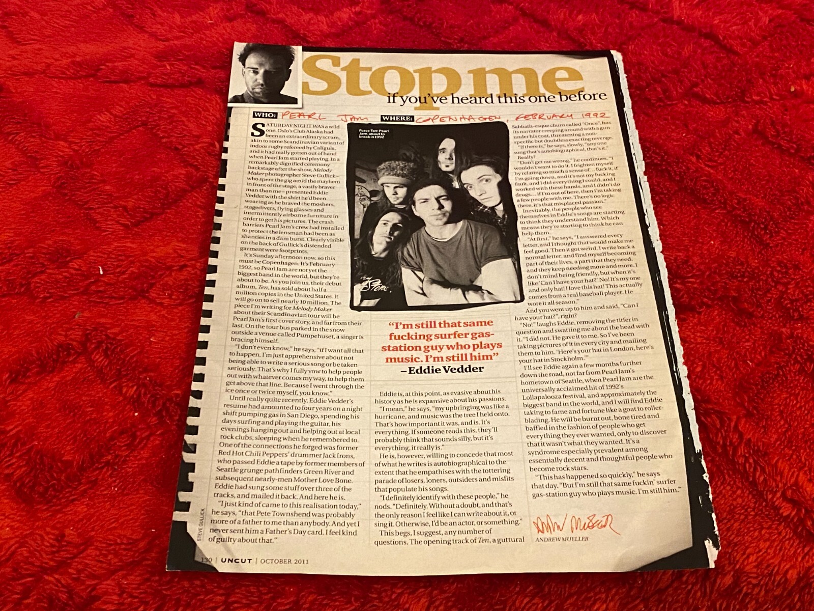 PEEP10 ARTICLE/REVIEW & PICTURE 11X8″ PEARL JAM : COPENHAGEN 1992