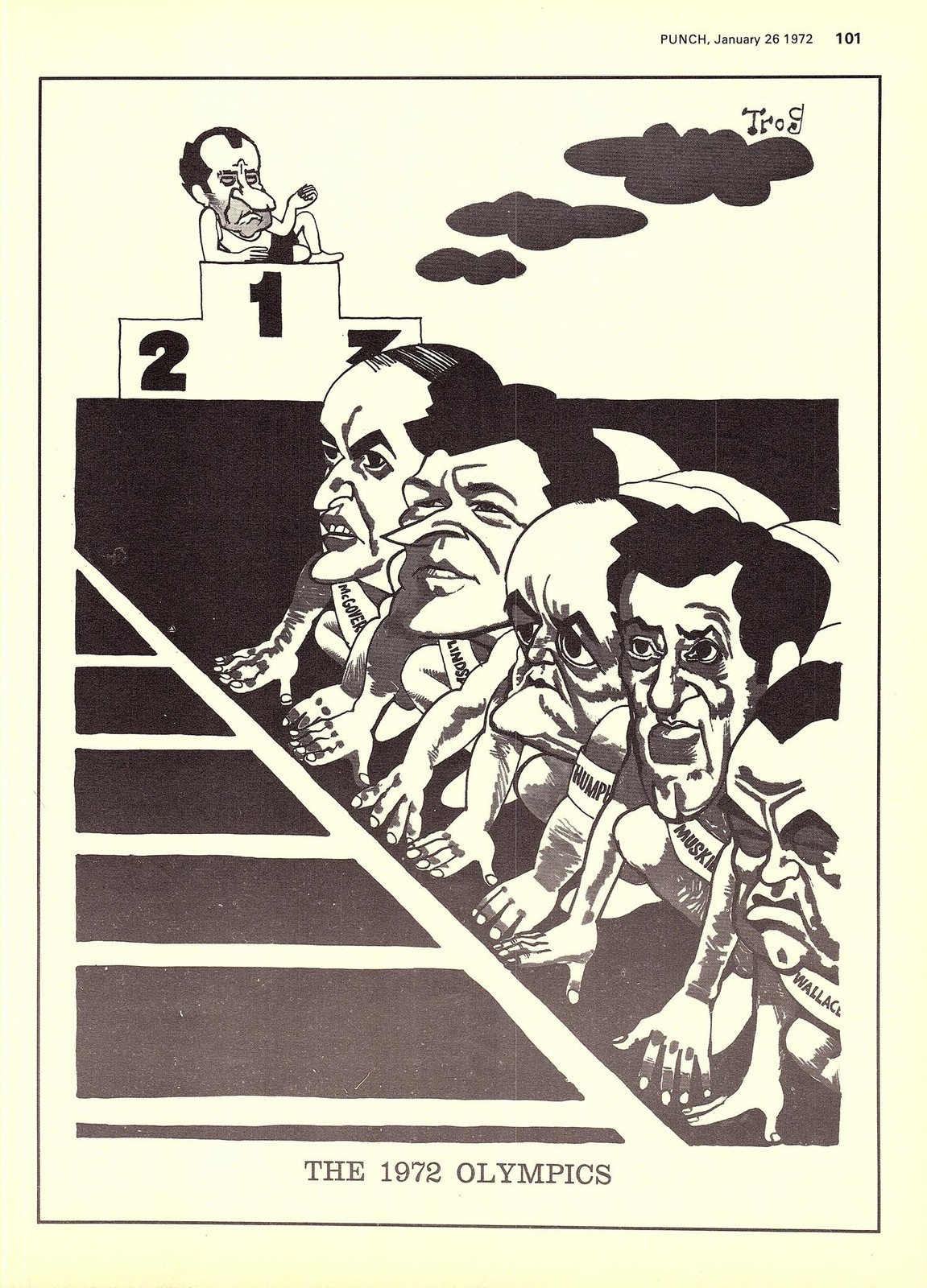 1972 Punch TROG Cartoon Print ‘1972 Olympics’ The Contest for Democrat Candidate