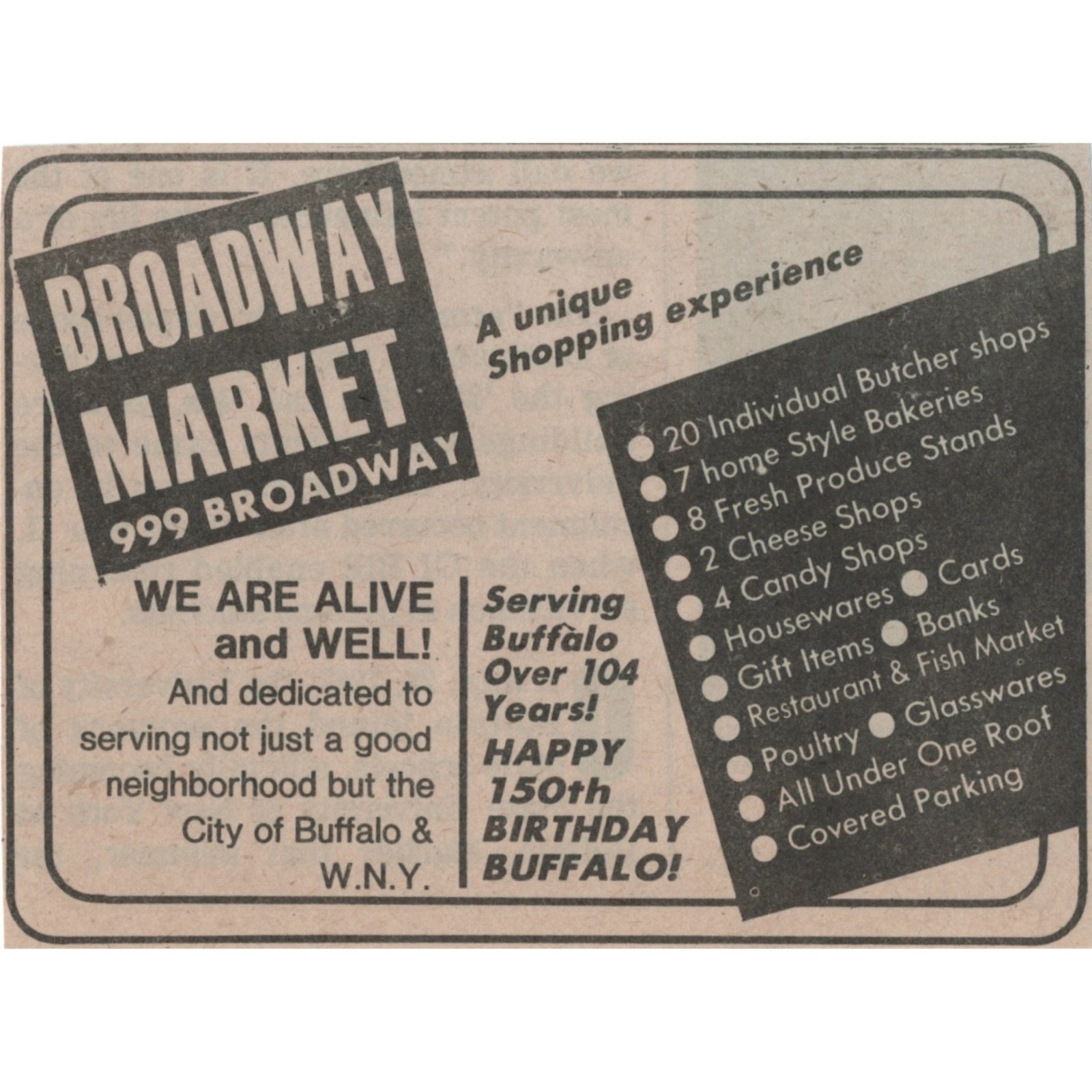Buffalo 999 Broadway Market 1982 Newspaper Clipping Ad 150th Happy Birthday VTG.