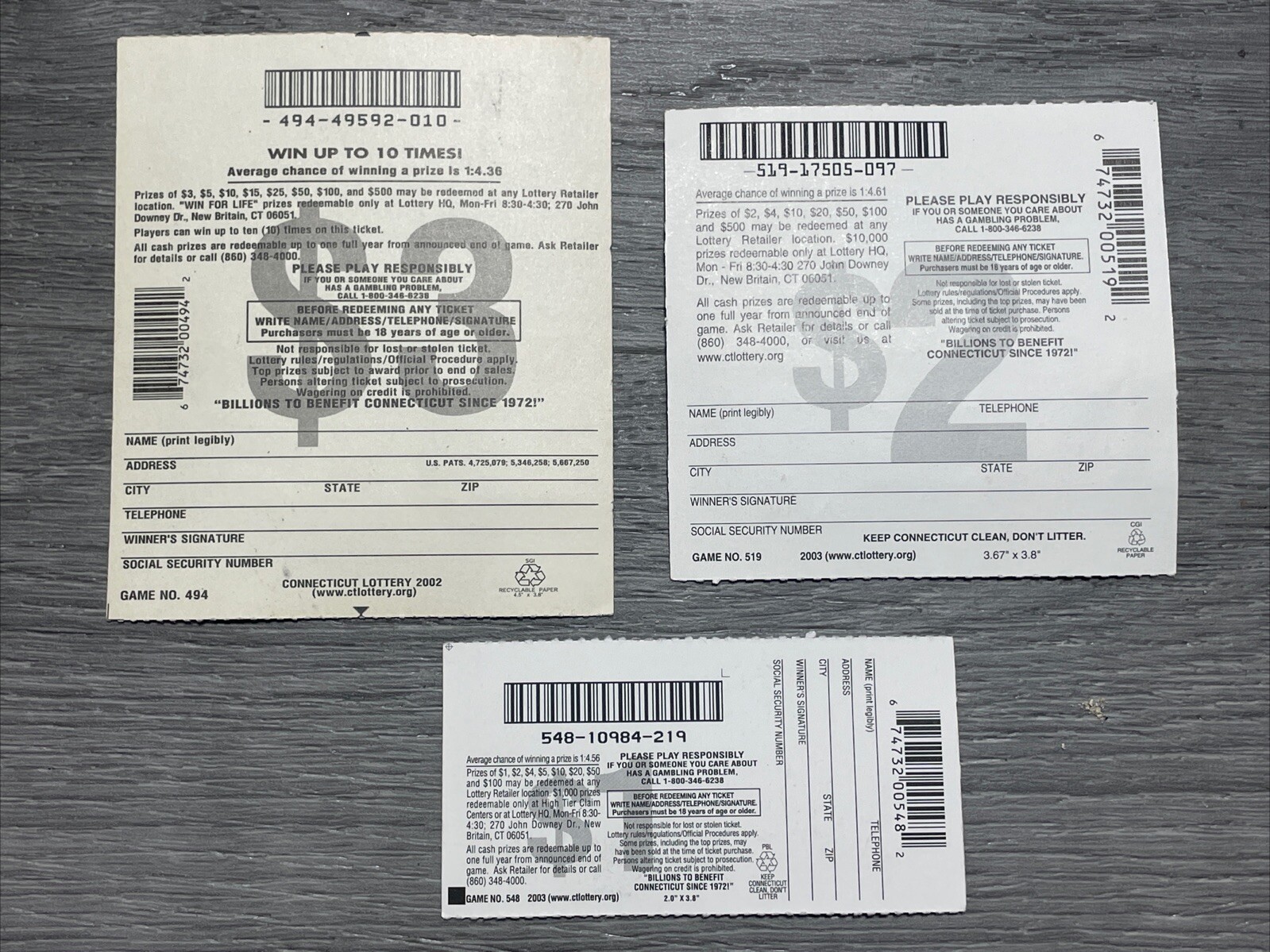 Expired Early 2000s CT Lottery Tickets Trump Card+ No Cash Value