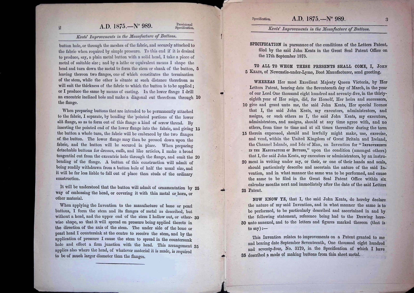 British Patent Spec John Keats Buttons 989 Industrial Revolution Fold-Out 1873