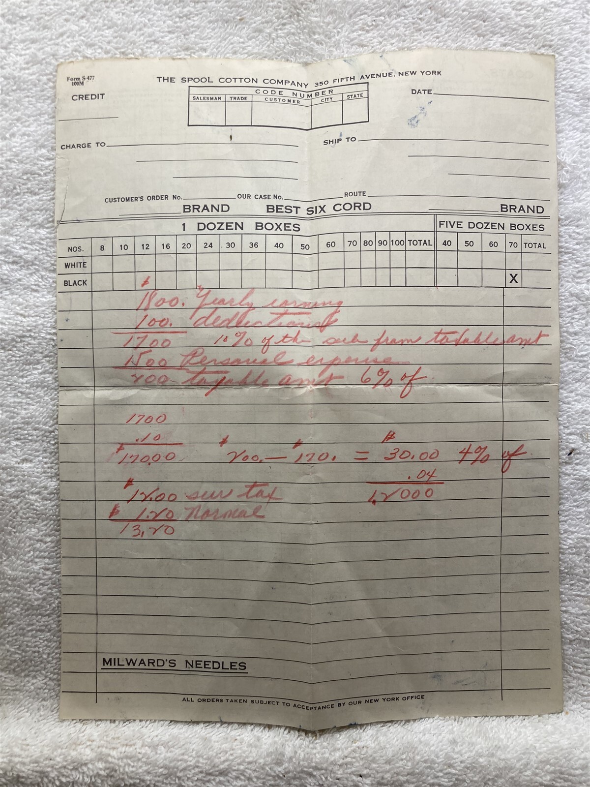 1920’s 1930’s 1940’s Spool Cotton Company New York Billhead Vtg Receipt