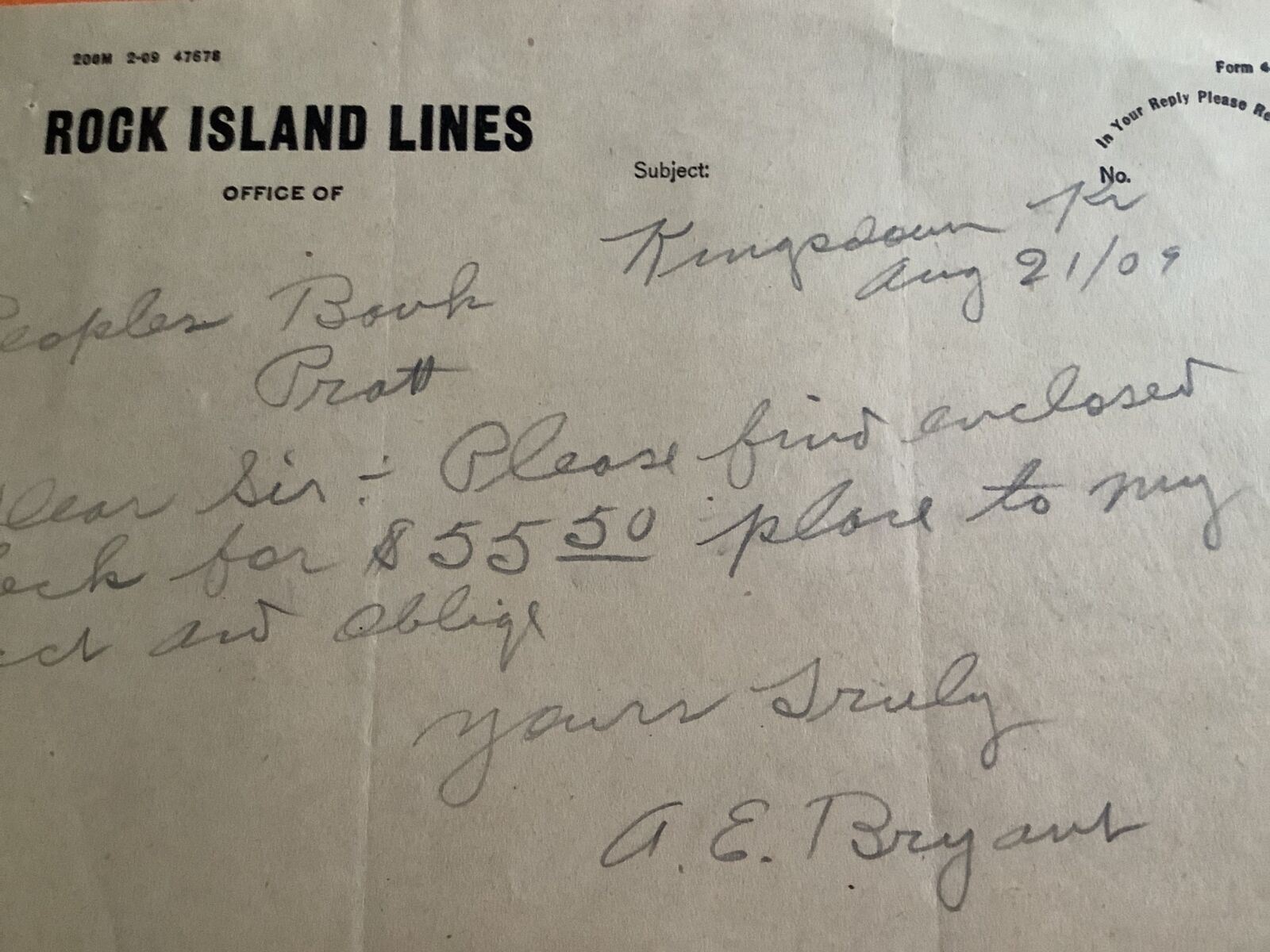 U.S. Rock Island Lines 1909 Receipt R40224