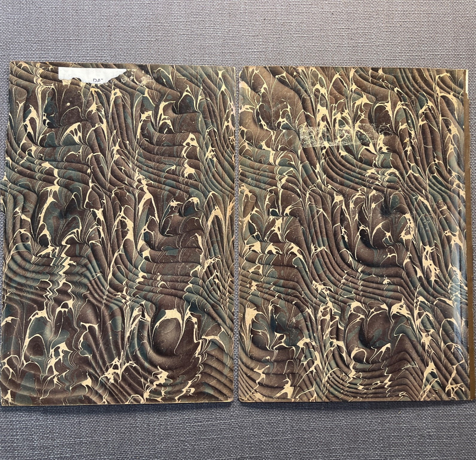Antique Marbled End Papers Pair Bookbinding Brown Cream Green