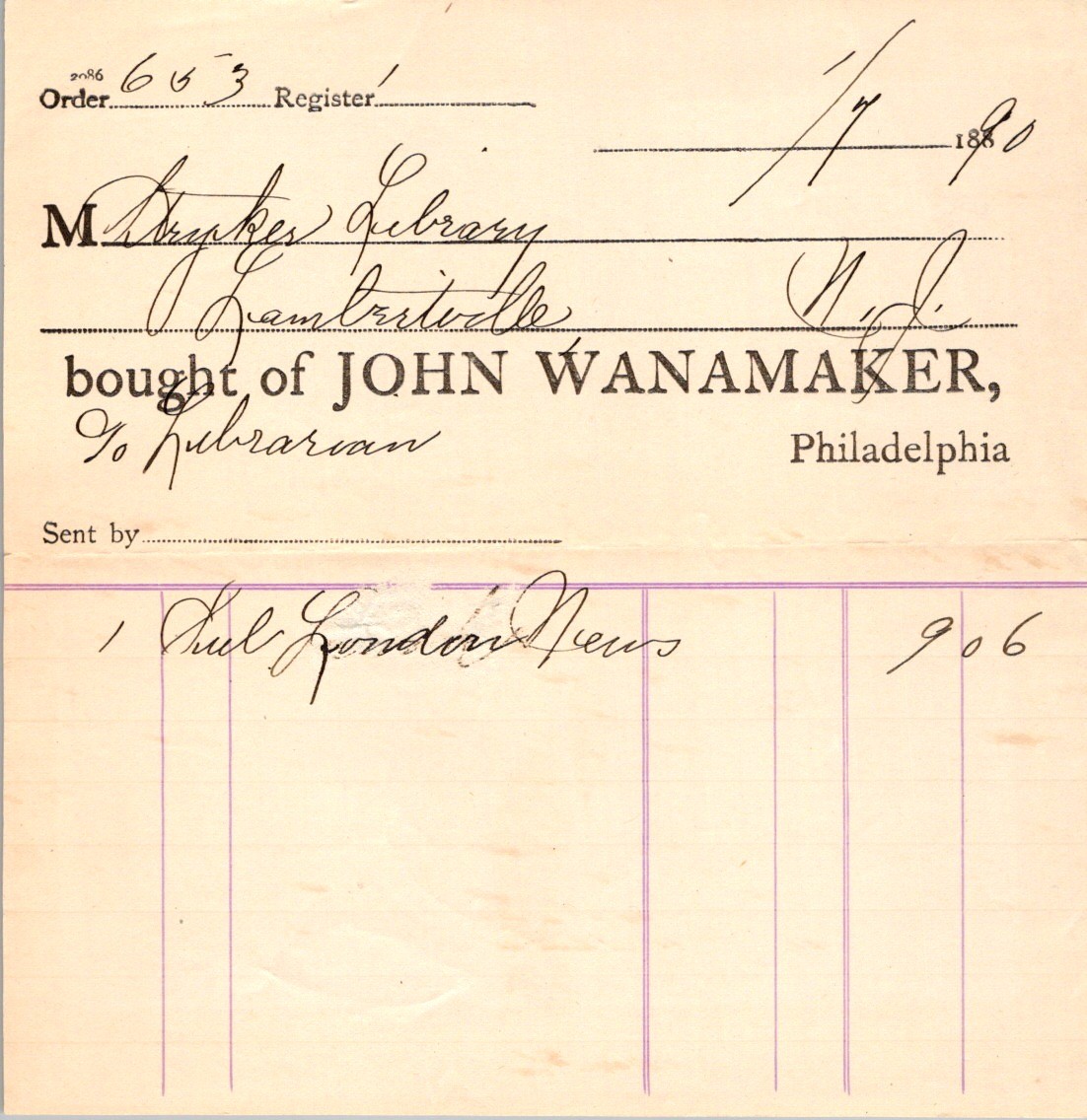 John Wanamaker Sales Receipt 1900s M Draper Library Lancaster PA Ledger