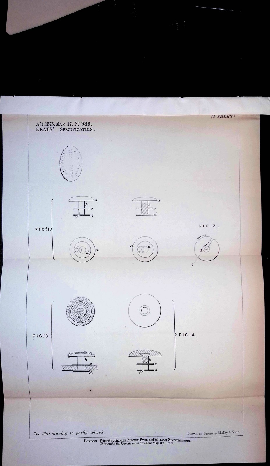 British Patent Spec John Keats Buttons 989 Industrial Revolution Fold-Out 1873