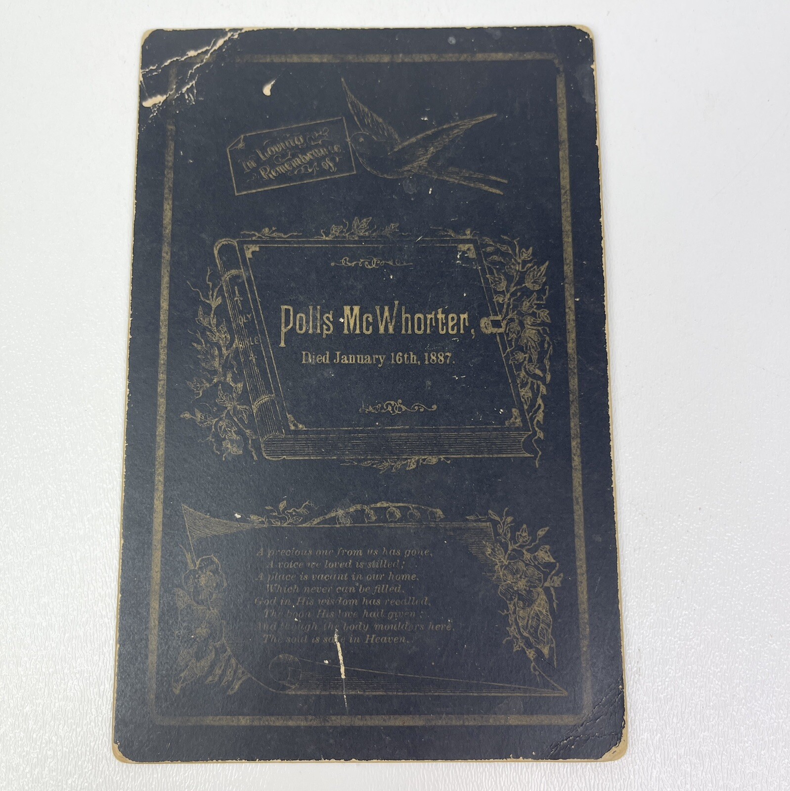 Funeral Remembrance Cabinet Card Pollis McWhorter Died 1887 Mortuary Card Morbid