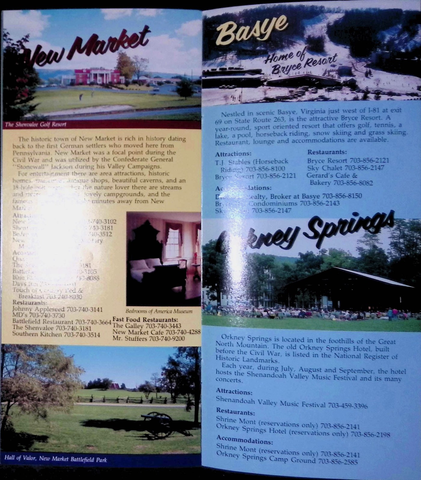 1970s Shenandoah County VA Travel Brochure Map I-81 Bryce Resort Orkney Springs