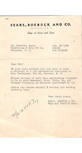 Sears Roebuck Letter Morristown & Erie RR Freight 1948 NJ Railroadiana