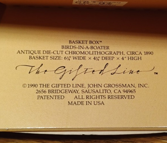 The Gifted Line Basket Box Vintage Birds-In-A-Boater Open Package Unused