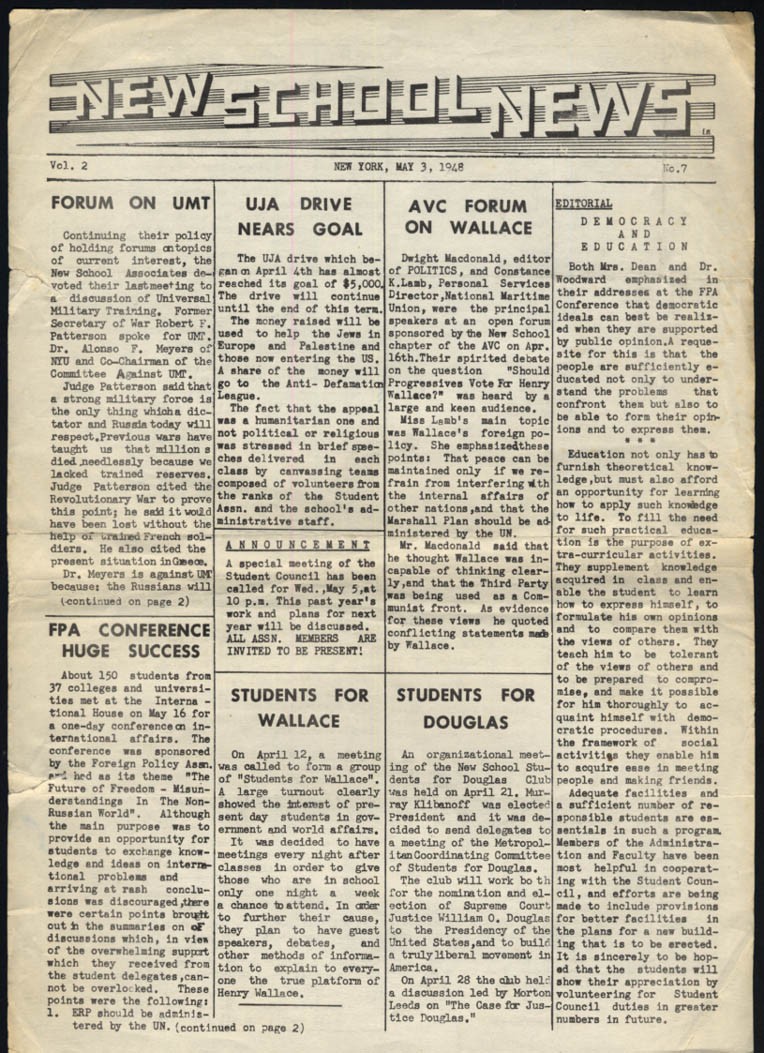 NEW SCHOOL NEWS New York 5/3 1948 Meet Elaine Fay Dr Tagliacozzo et al