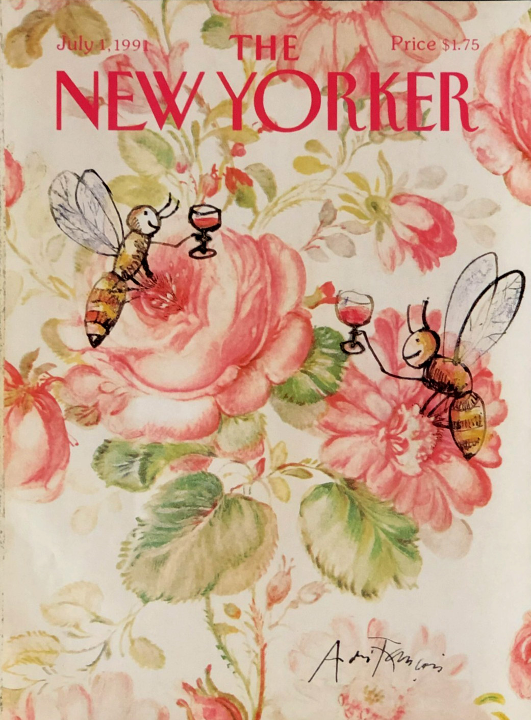 1991 New Yorker Magazine Cover Bees Drinking Wine Flowers Art Francois Vintage