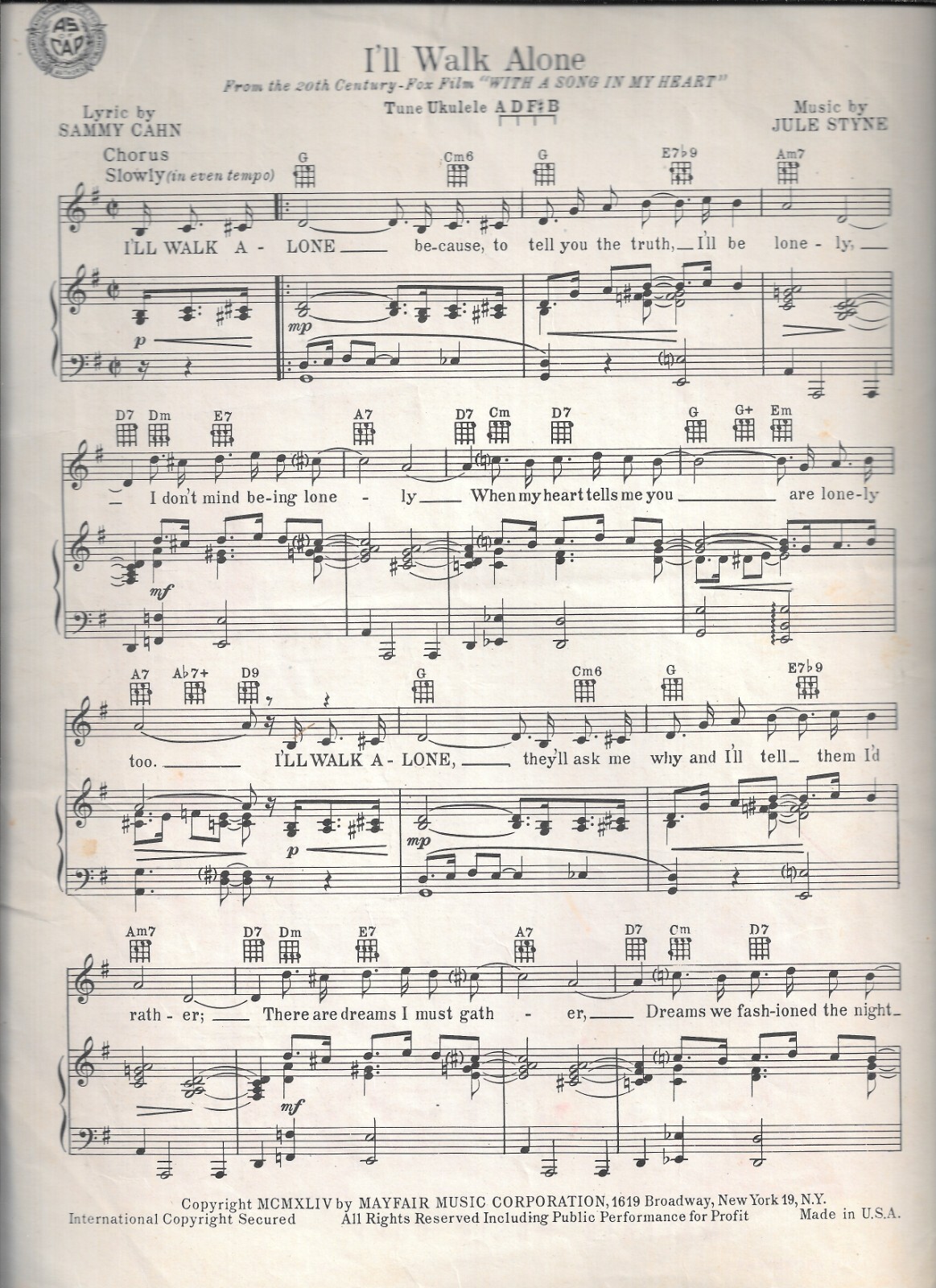 1944 I’LL WALK ALONE Sheet Music WITH A GONG IN MY HEART Sammy Cahn & Jule Styne