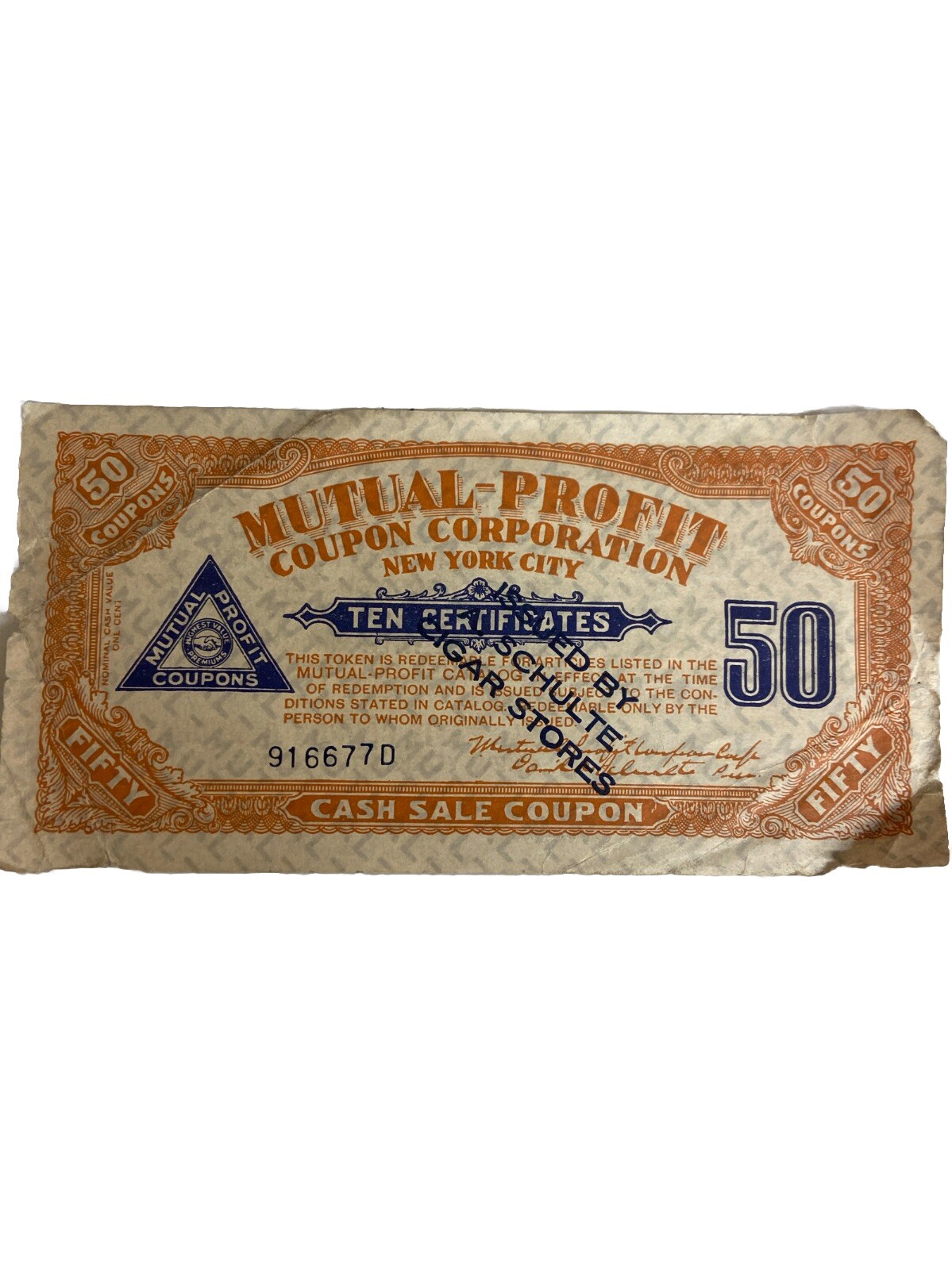 Mutual Profit Coupon Corporation New York City, NY 50 Coupons Cigar Store