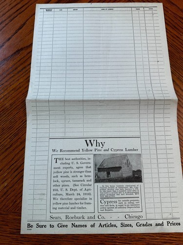Sears Roebuck Lumber Order Form 1915 F6908 Chicago IL Building Material