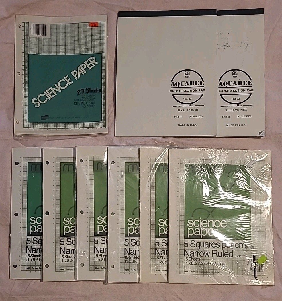 Vtg Mead AquaBee Science Graph Paper Pads Bulk Lot 9 Packs 170+/- 8.5×11″ Sheets