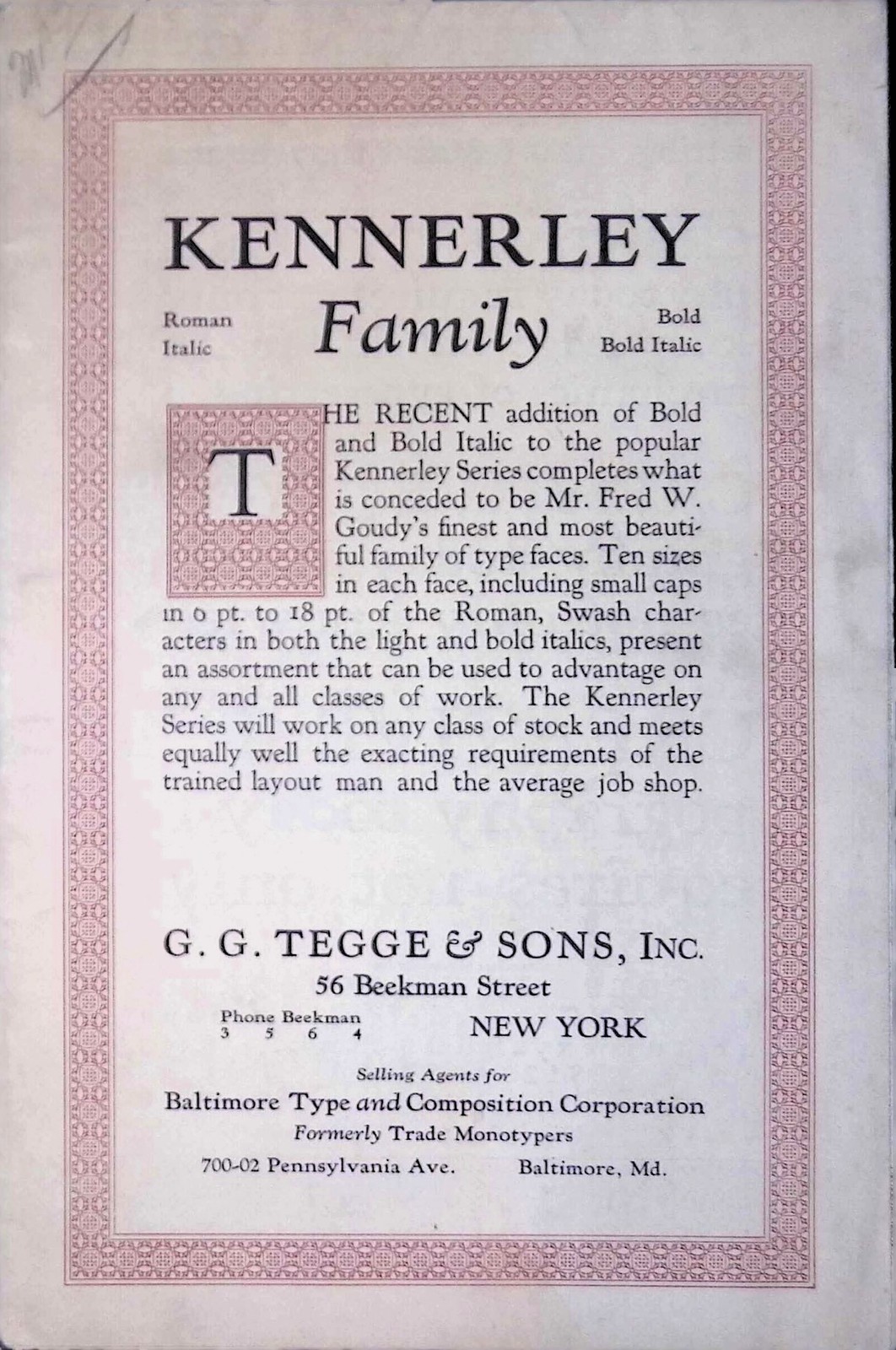 Kennerley Series Type Specimen Goudy Tegge Sons c1910s New York Type