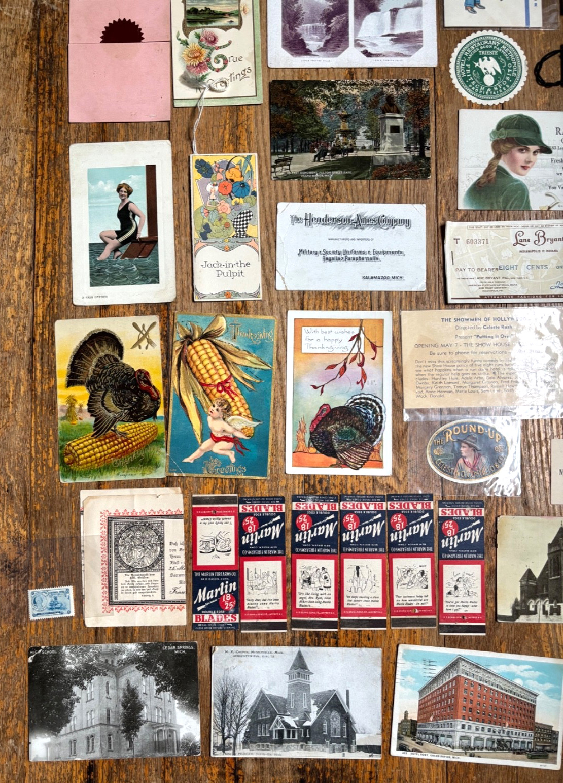 Big Vintage Paper Lot w/ Bridge Tally Cards, Postcards, Labels, Advertising +