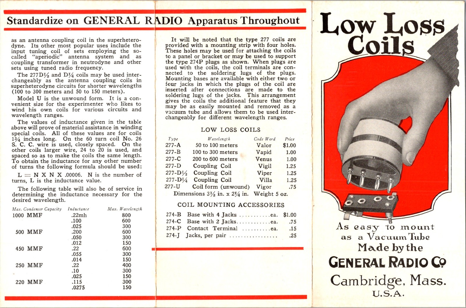 General Radio Type 277 Interchangeable Low Loss Coils Brochure 1920s-30s