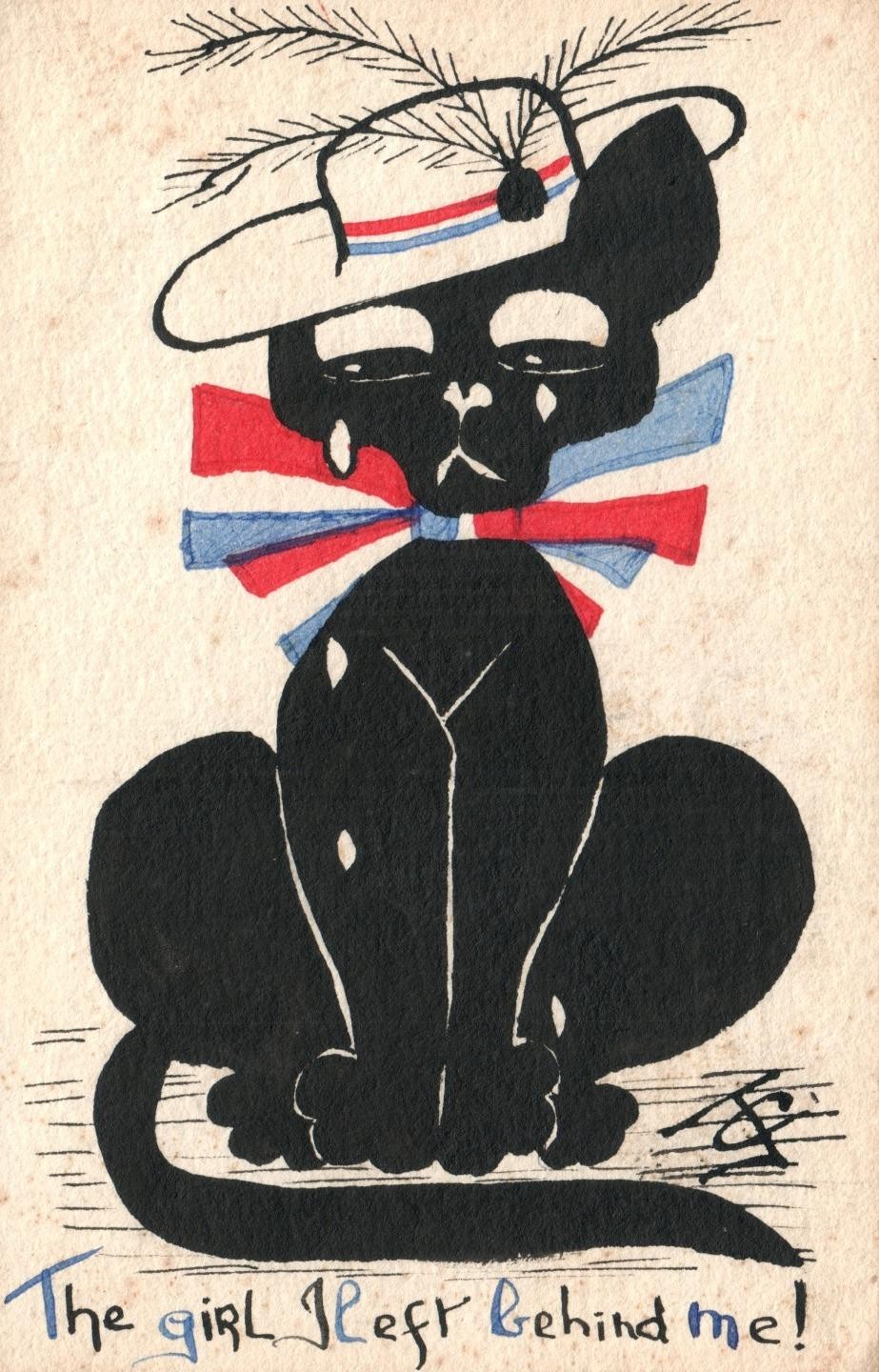 1914 ANTIQUE Original Pen Ink Sad Black Cat The Girl I Left Behind Me POSTCARD