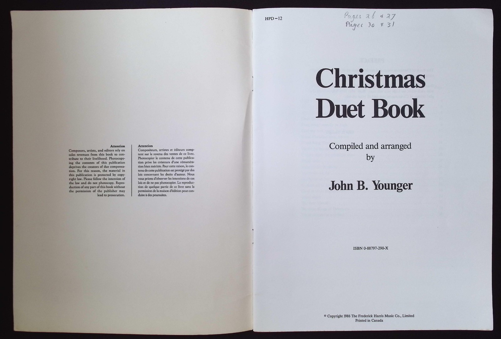 Christmas Duet Book – Piano Duets compiled and arranged by John B. Younger, 1986