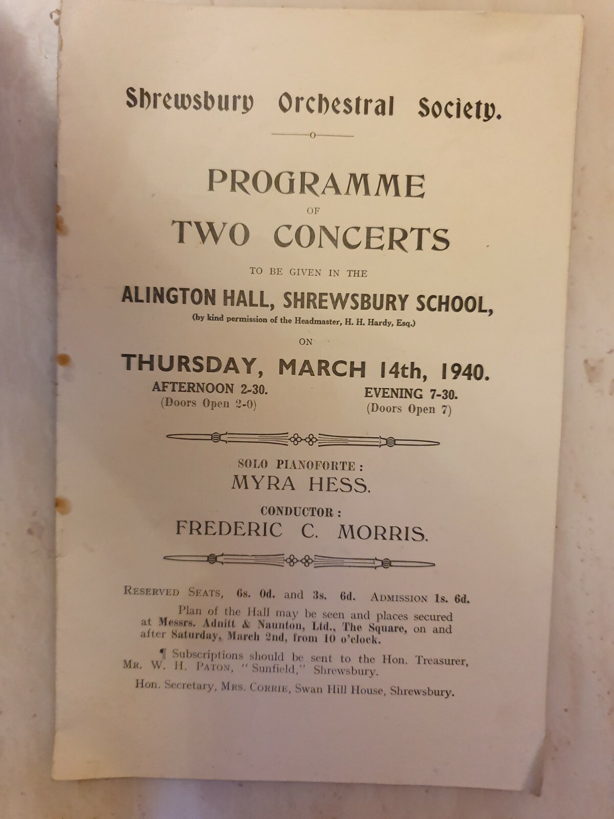 SHREWSBURY ORCHESTRAL SOCIETY PROGRAMME OF TWO CONCERTS ( M HESS/ F C MORRIS)