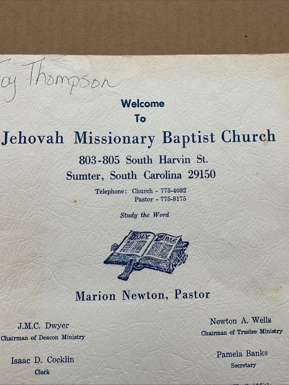 1980s Jehovah Missionary Baptist Church Marion Newton Empty Folder Sumter Sc B12