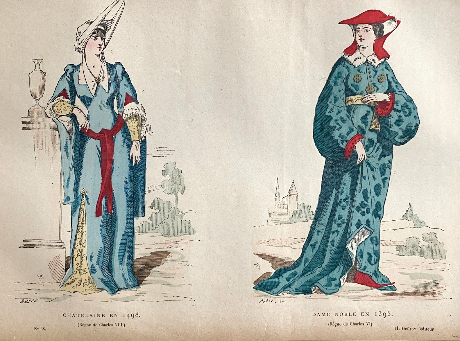 Color Engraving “Chatelaine en 1498” Noble Lady en 1395, 19th Century Print