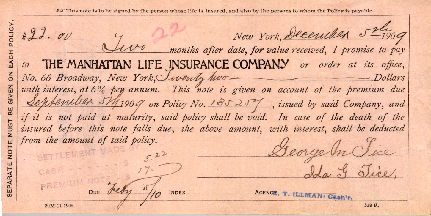 Manhattan Life Insurance Co Check 1900s New York City ET Illman Signature