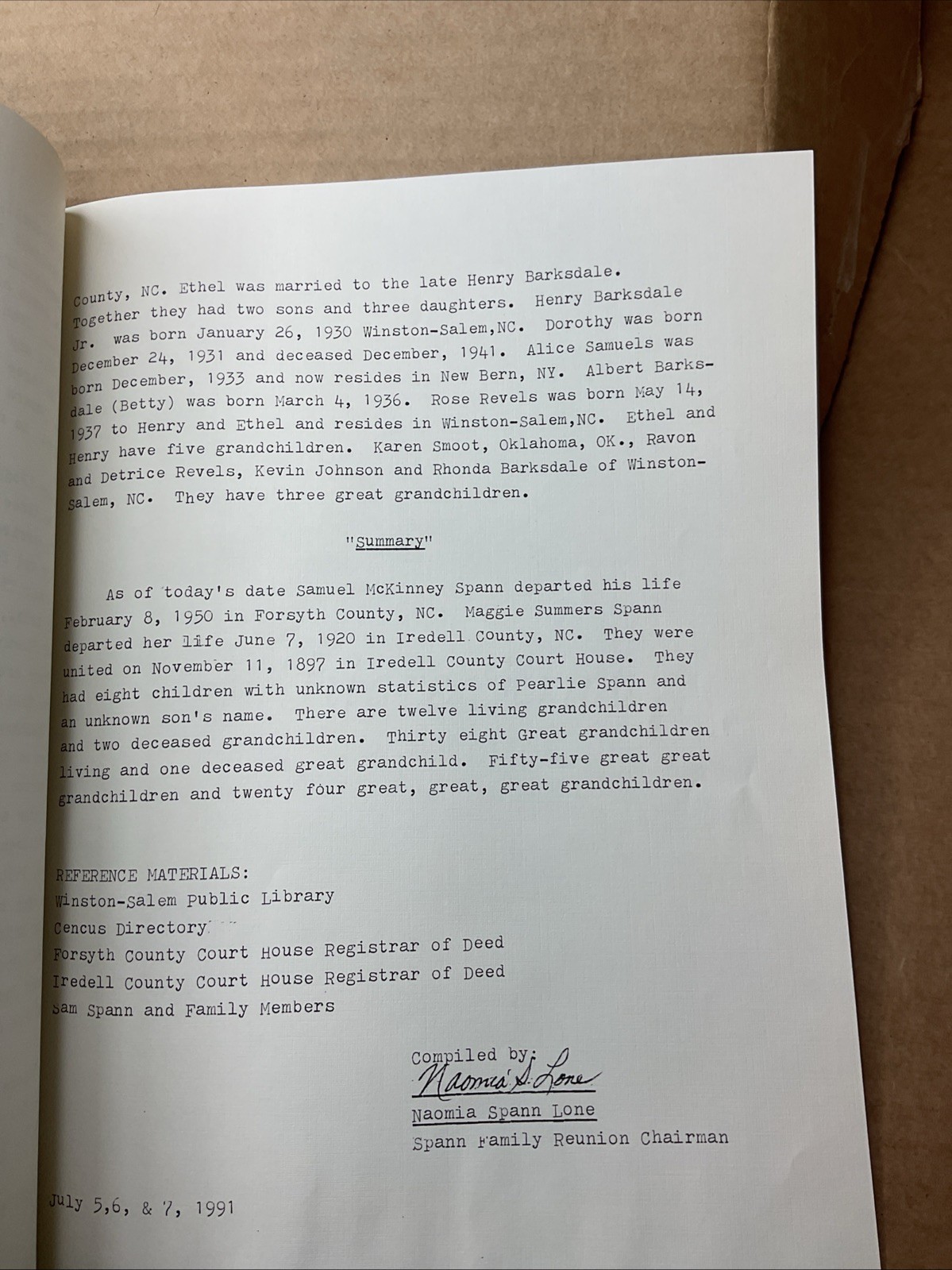1991 Family Reunion Samuel Spann Family History & Family Tree North Carolina B65