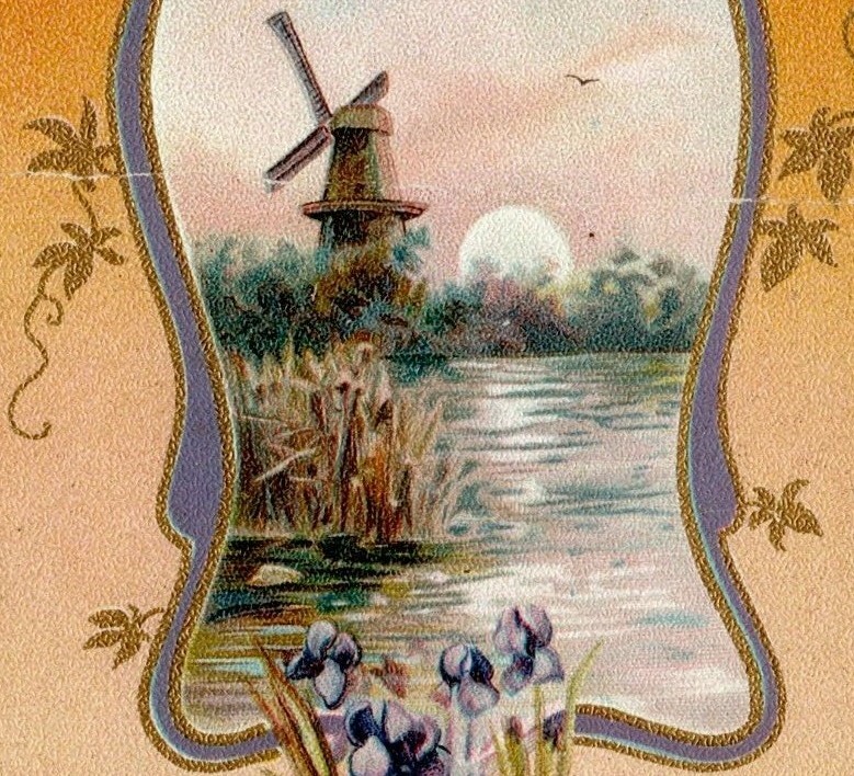 1905 Raphael Tuck & Son Artistic Series Christmas Wishes Iris Windmill Sunset