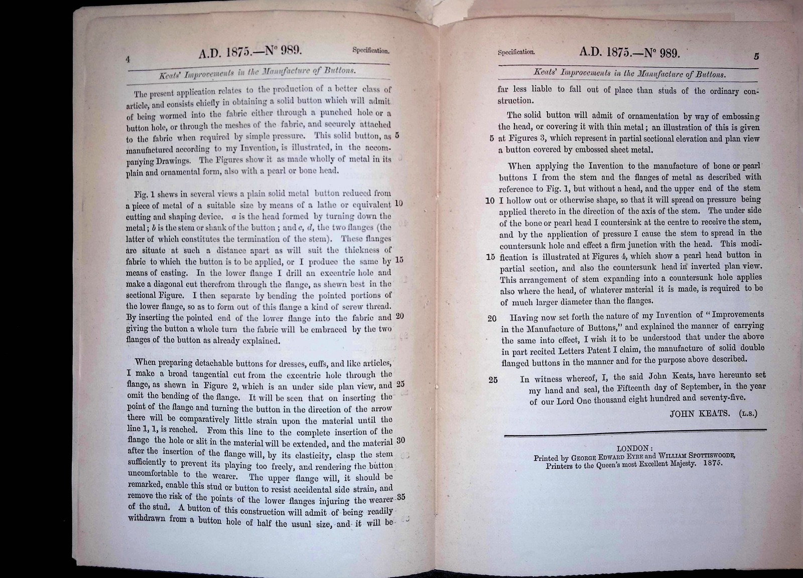 British Patent Spec John Keats Buttons 989 Industrial Revolution Fold-Out 1873