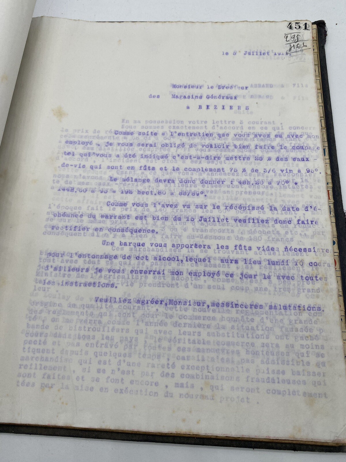 Bousquet-Combes, distiller in Narbonne, commercial correspondence, early 20th…