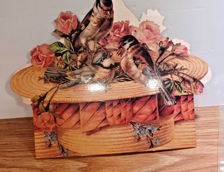 The Gifted Line Basket Box Vintage Birds-In-A-Boater Open Package Unused