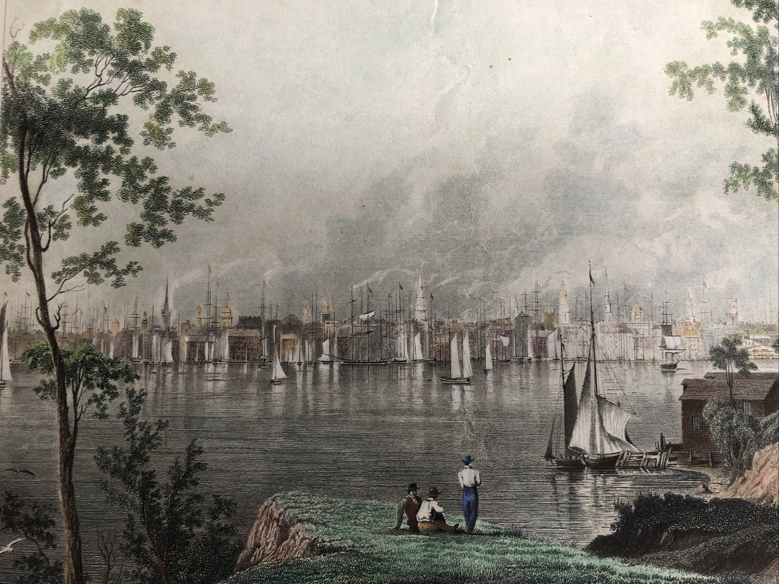 1834 HAND COLORED STEEL ENGRAVING VIEW OF NEW YORK CITY FROM BROOKLYN HEIGHTS