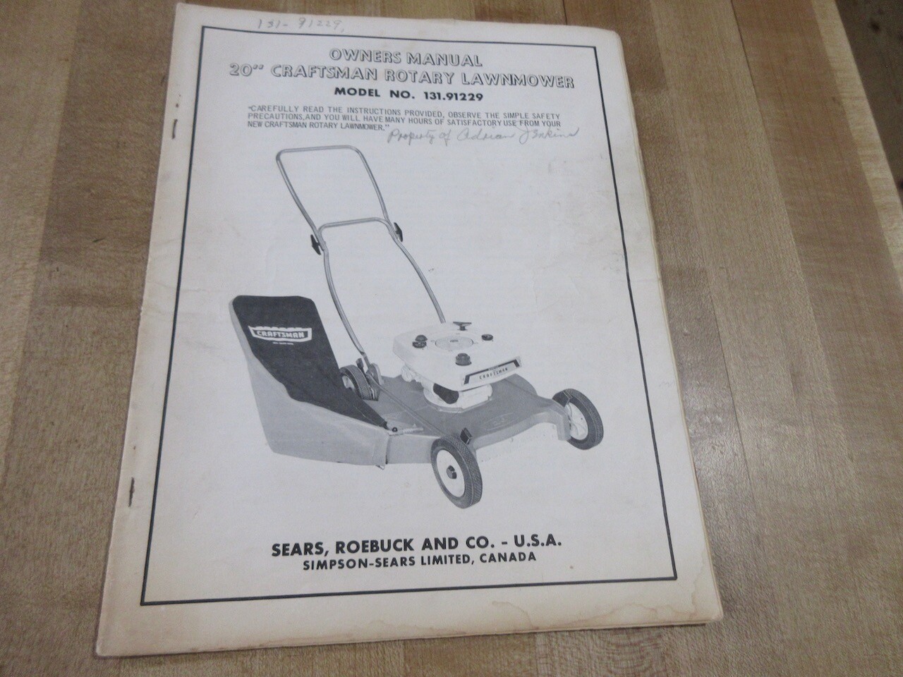 Owners Manual 20″ Craftsman Rotary Lawnmower 131.91229 Sears Roebuck (b)