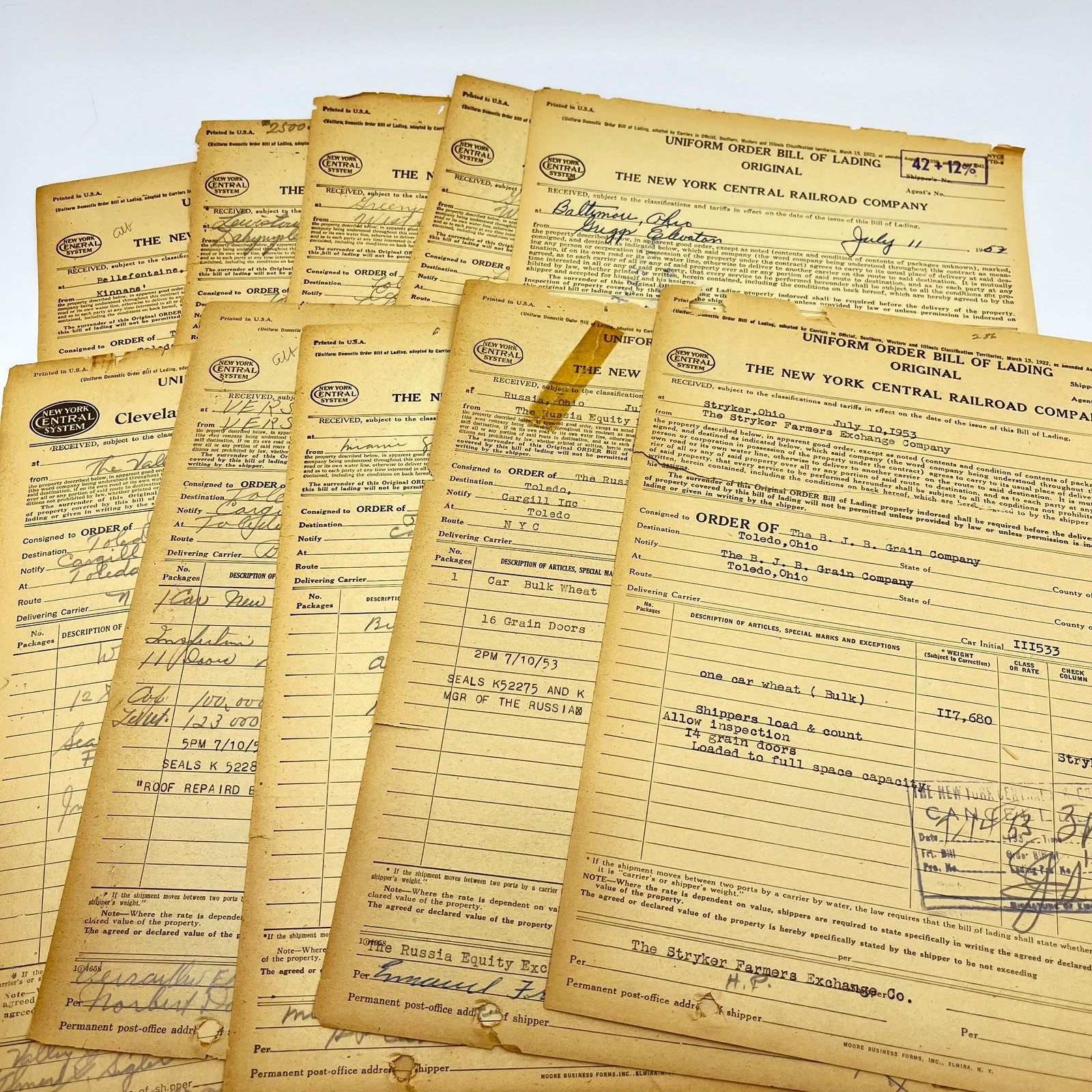 1953 The New York Central Railroad Co RR Original Bill of Lading Lot of 10 AB1-2