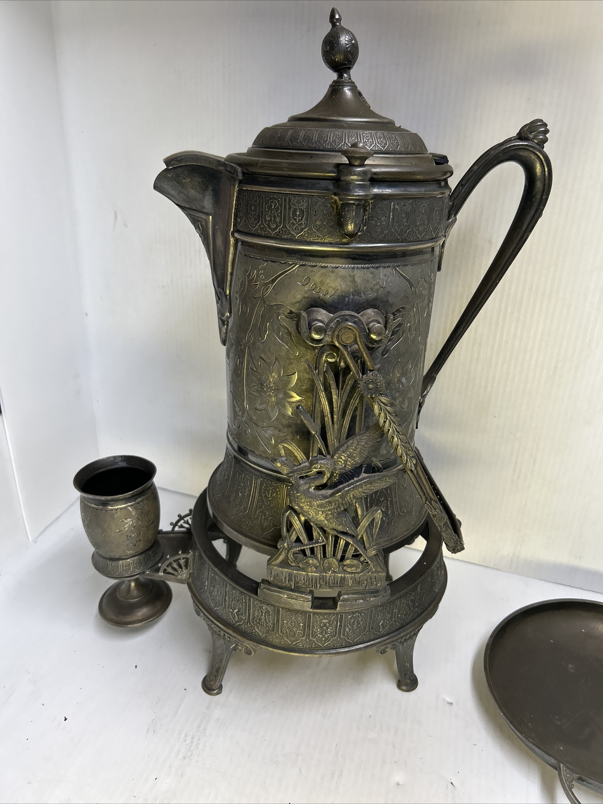Reed & Barton Tilting Water 1923 Pitcher Patent 1880 W/ Cup Porcelain Lined