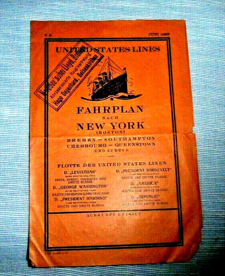 VINTAGE TIMETABLE UNITED STATES LINES NEW YORK TO BREMEN SHIP LEVIATHAN 1928