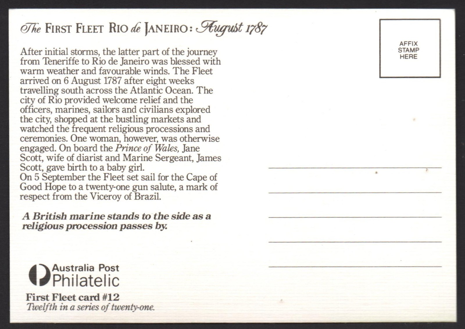 UNUSED AUSTRALIAN POSTCARDS ” THE FIRST FLEET ARRIVAL – 1788 Card No. 12 ” 1988
