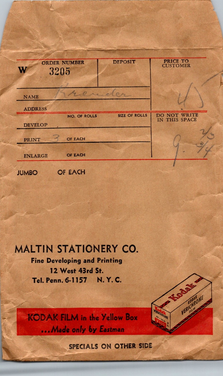 Maltin Stationery Co NYC Photo Processing Envelope 1930s-50s Kodak Verichrome