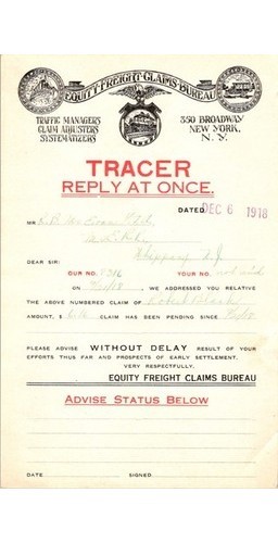 1918 Equity Freight Claims Bureau Tracer Form Letterhead – Railroadiana Document
