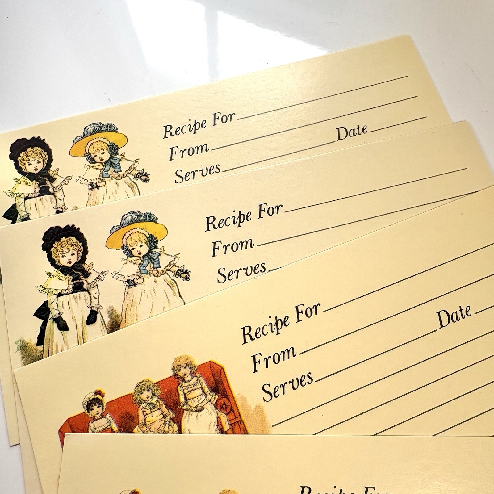 Vtg Recipe Cards Lot 10 pcs Lined Index Size Little Old Fashioned Girls Bonnets