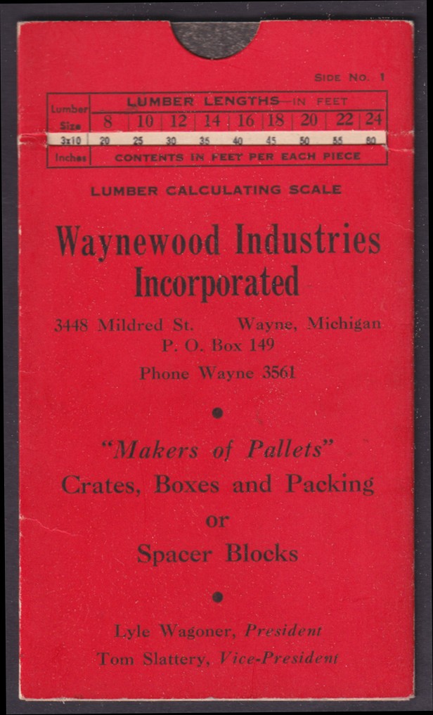 Waynewood Industries Lumber Lengths sliding calculator Wayne MI 1950s
