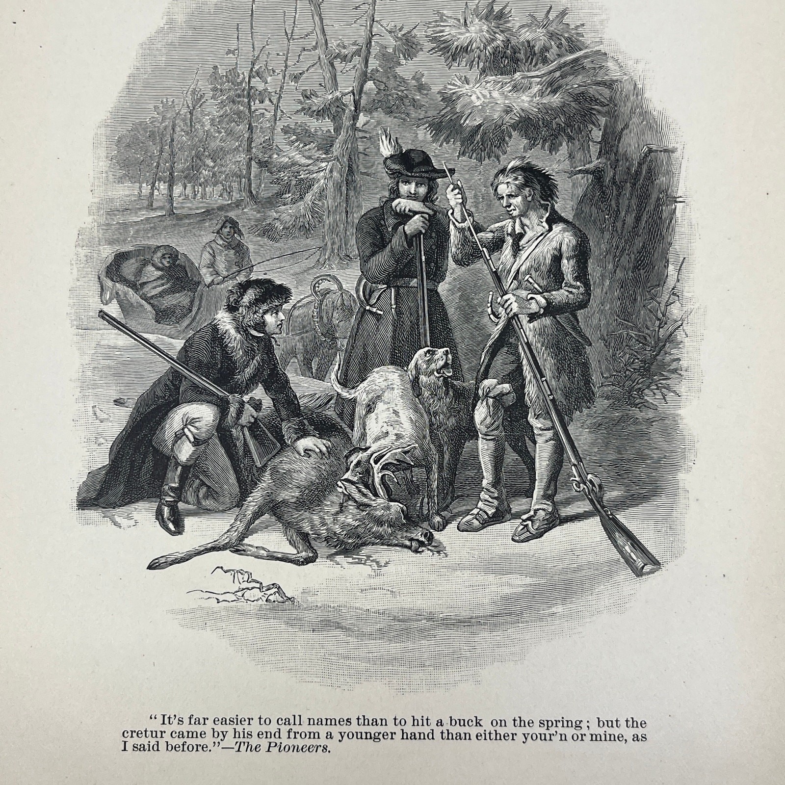 1880s Original Art Engraving – The Pioneers – Colonial Hunting Scene AC8