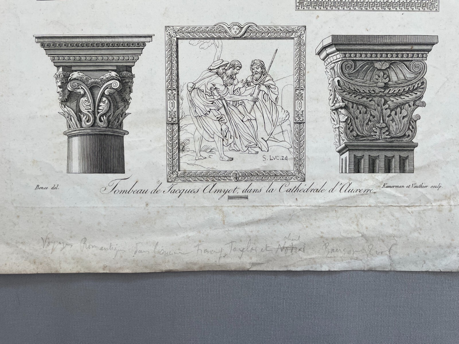 Antique Engraving, Tomb of Jacques Amyot in Auxerre Cathedral