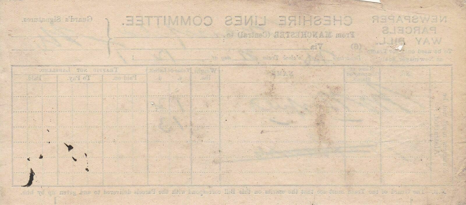 CHESHIRE LINES COMMITTEE 1900s Manchester-Mans. Newspaper Parcels Way Bill 45202