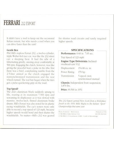 Ferrari 212 Export Barchetta Racing 1952 Trading Card Scuderia Italy Car